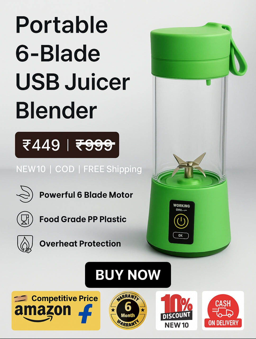 🔋 Portable 6-Blade USB Juicer Blender – Powerful Motor, Rechargeable & Power Bank Also