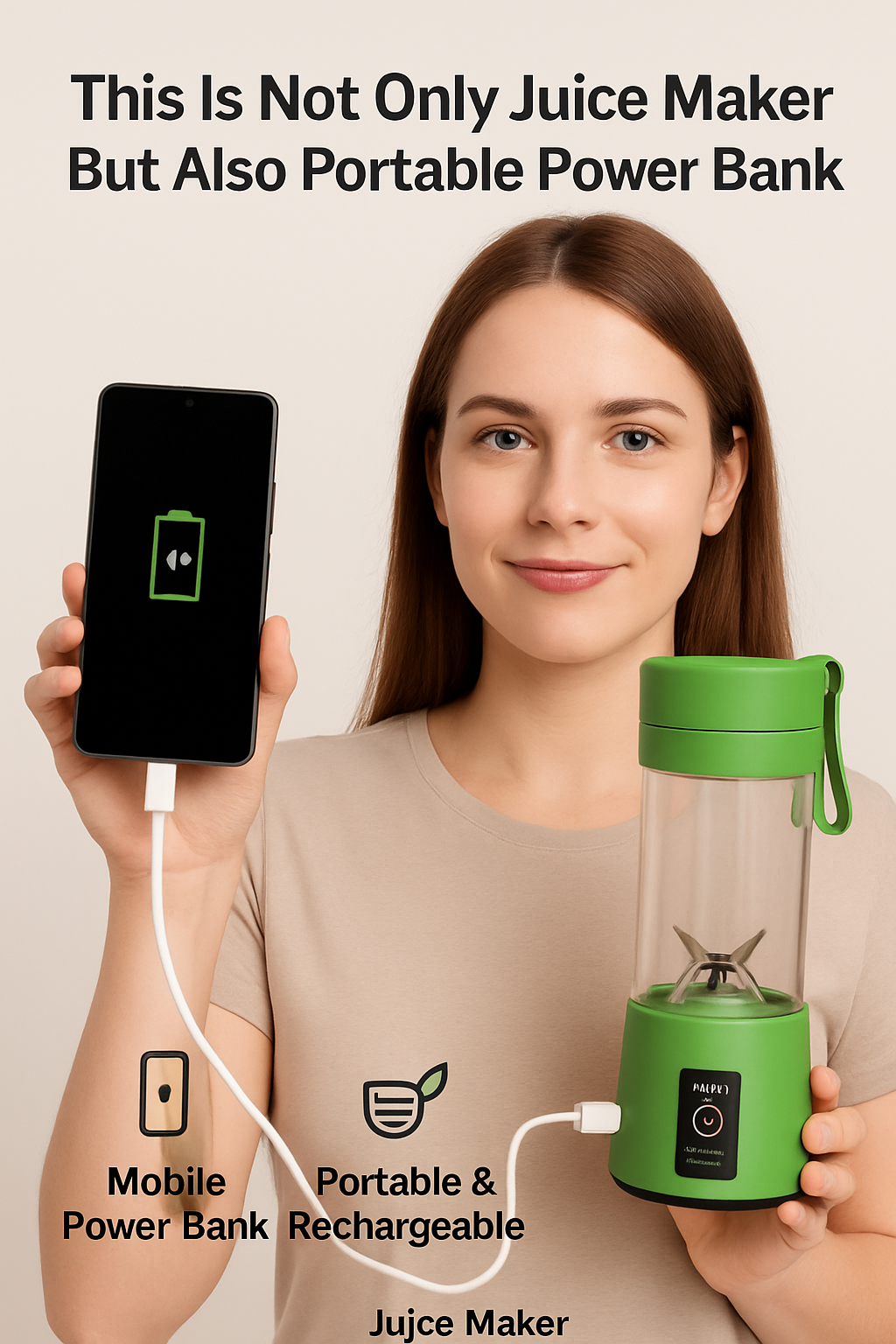 🔋 Portable 6-Blade USB Juicer Blender – Powerful Motor, Rechargeable & Power Bank Also